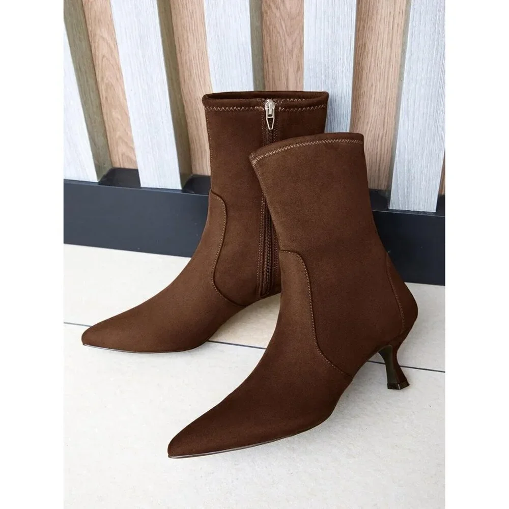 Women's Dark Brown Low Kitten Heel Ankle Shoes Pointed Toe Side Zipper Fall Boot
